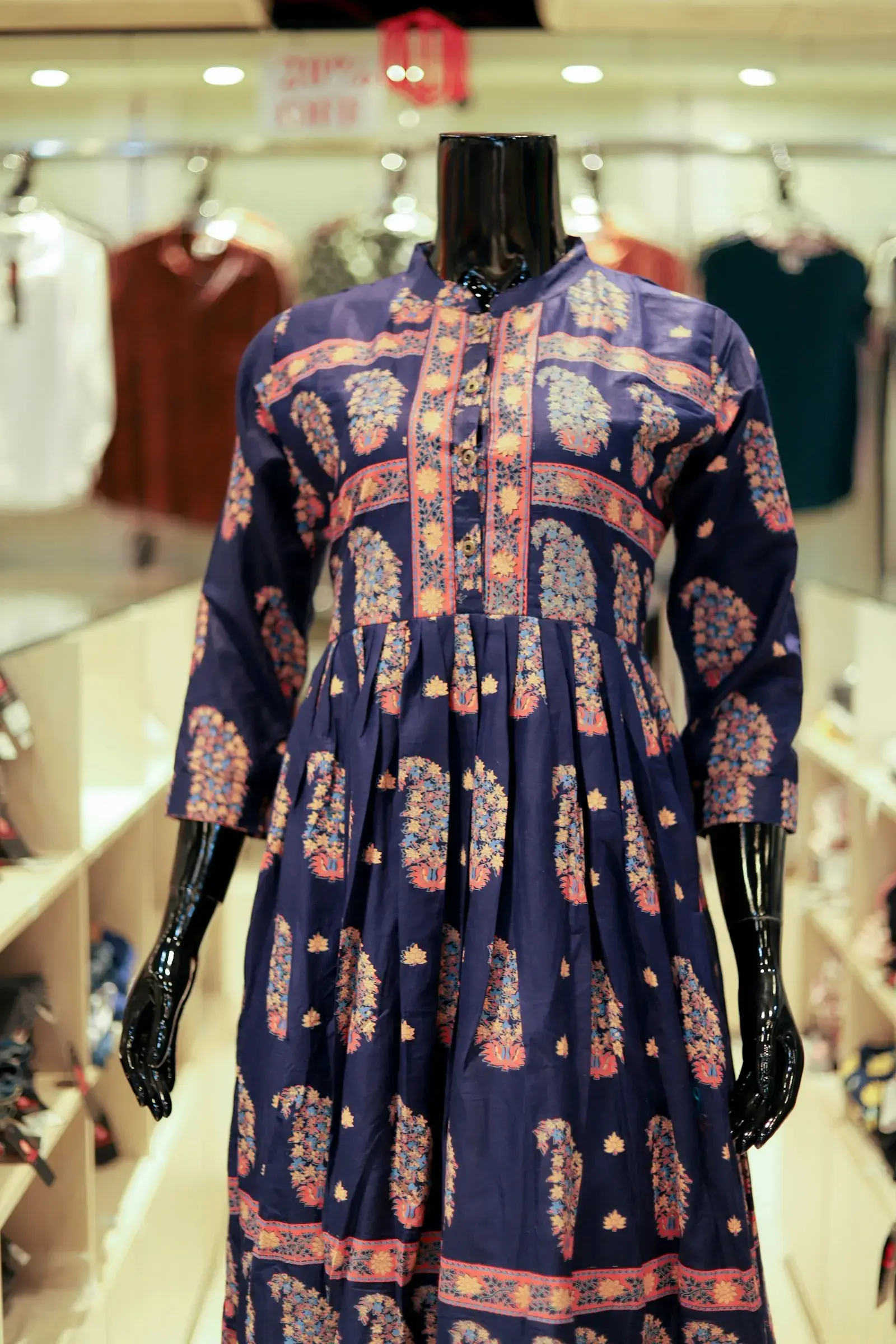 Navy paisley kurta on a mannequin