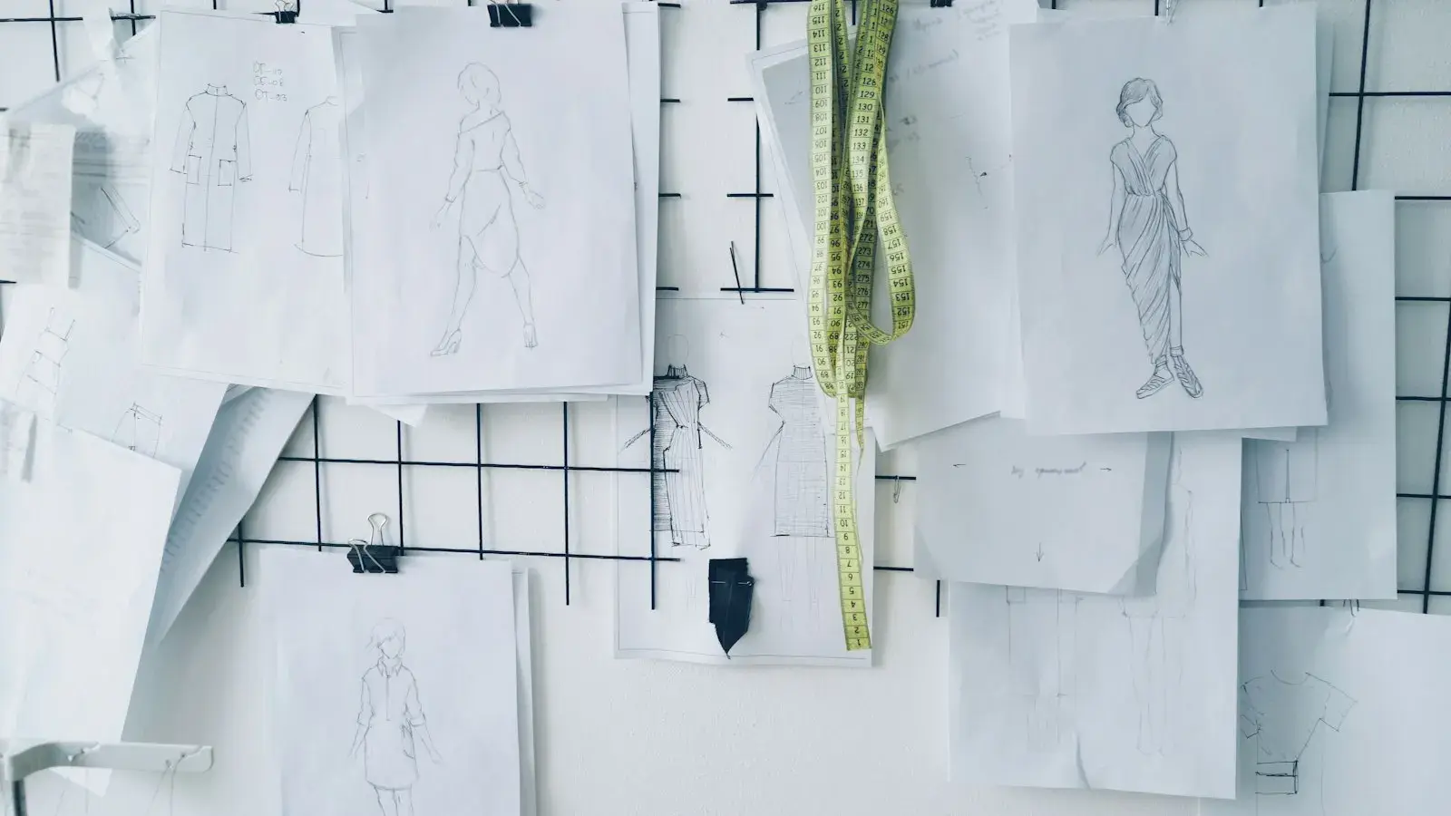 Fashion sketches pinned on a grid board