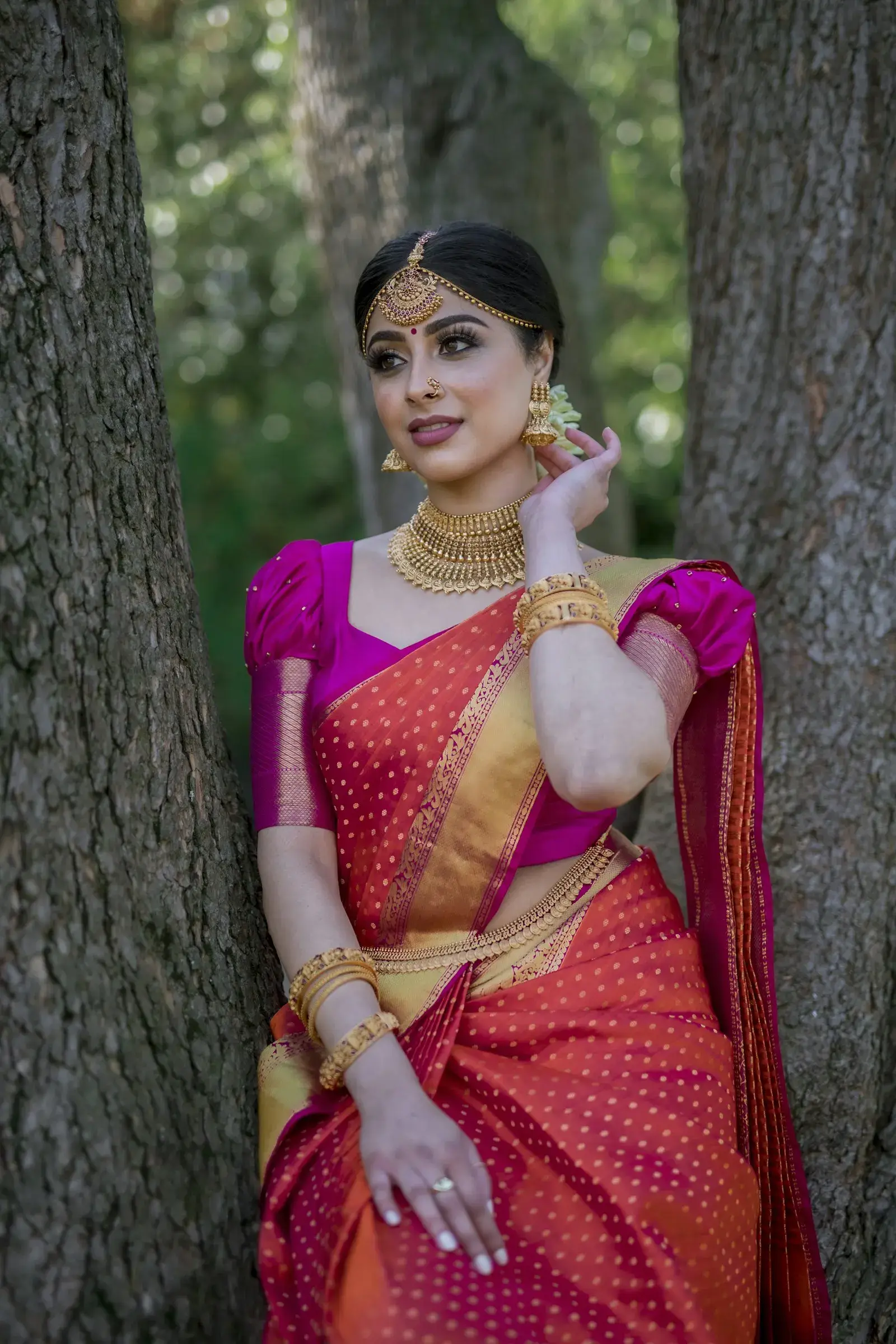 Pink and orange festive saree